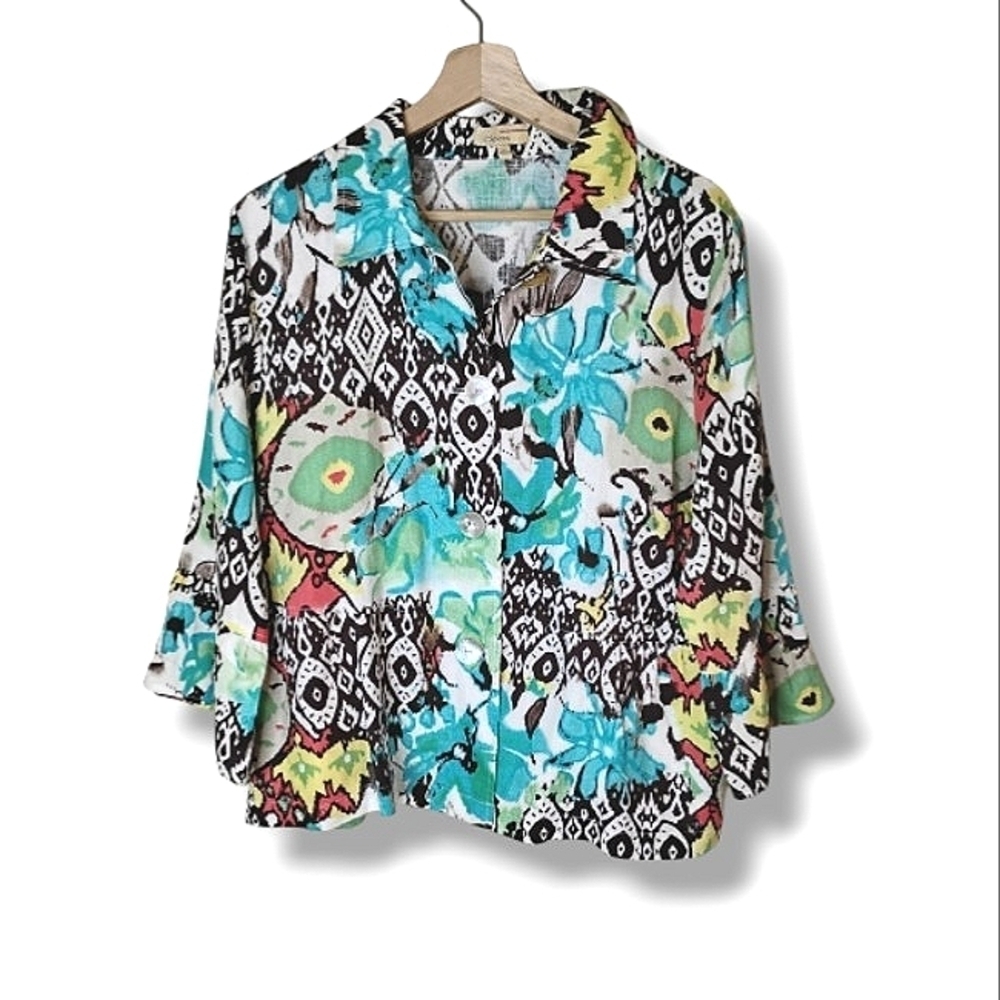 Choices Colorful Floral Linen Button-Up 3/4 Flare Sleeve Shirt  Size L